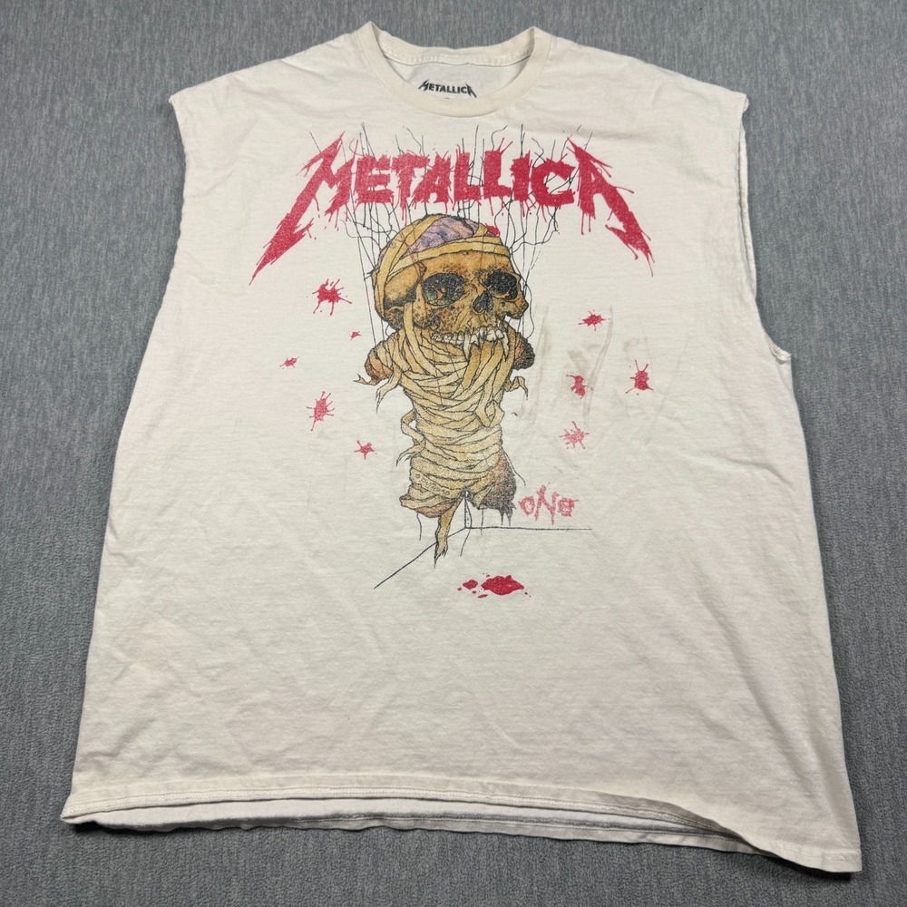 Metallica T-Shirt Mens L Off White One Landmine Sleeveless Band Tour Graphic